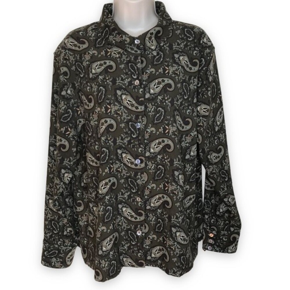 La Cabana Long Sleeve Olive Green Paisley Heavyweight Button Blouse Women XXL